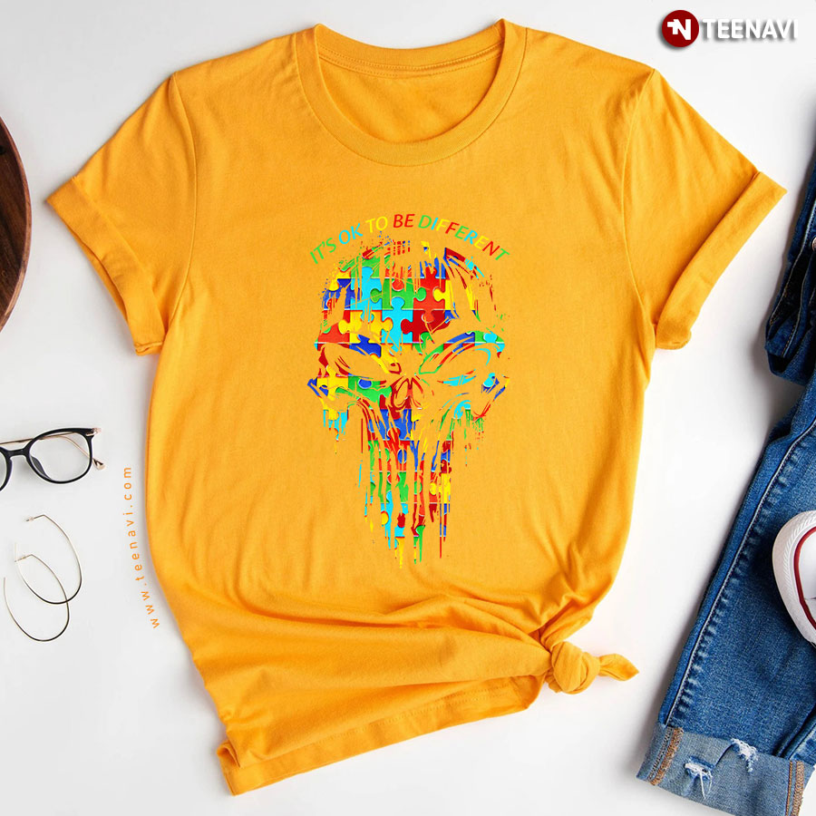 Skull Autism Awareness It's OK To Be Different T-Shirt - TeeNavi