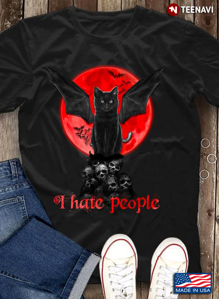 Cat Bat Skulls Red Moon I Hate People