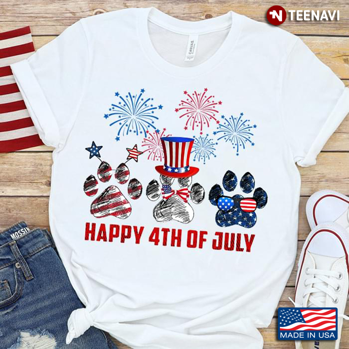Dog Paws Firework Happy 4th Of July American Independence Day