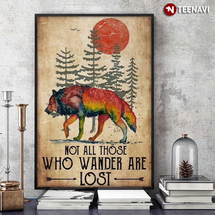 Watercolor Wolf In The Forest Under The Blood Moon Not All Those Who Wander Are Lost