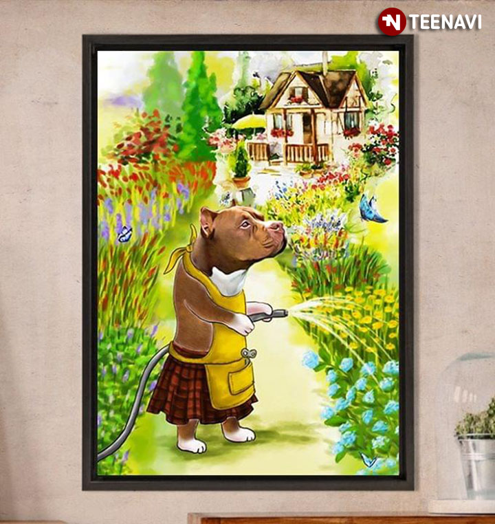 Funny Pitbull Dog Wearing Apron & Watering Colourful Flowers Painting