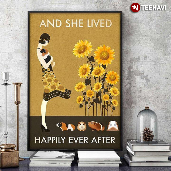Vintage Girl With Sunflowers & Guinea Pigs And She Lived Happily Ever After