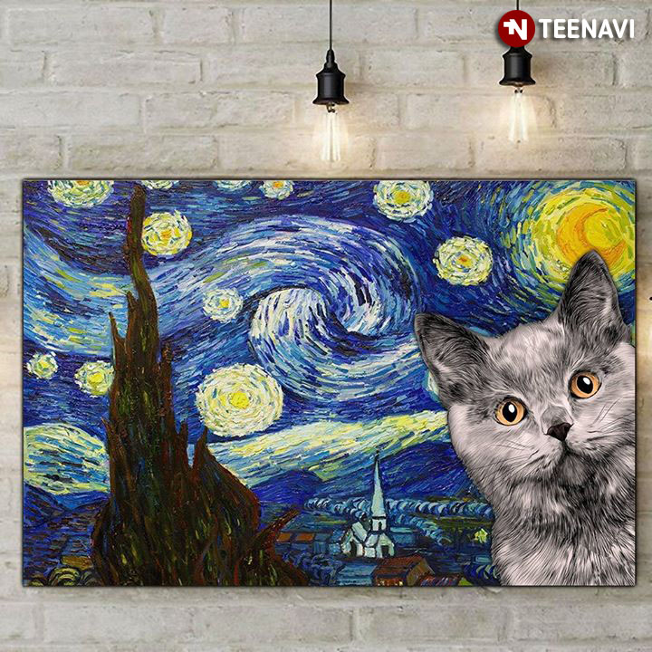 Adorable Grey Cat In The Starry Night Vincent Van Gogh