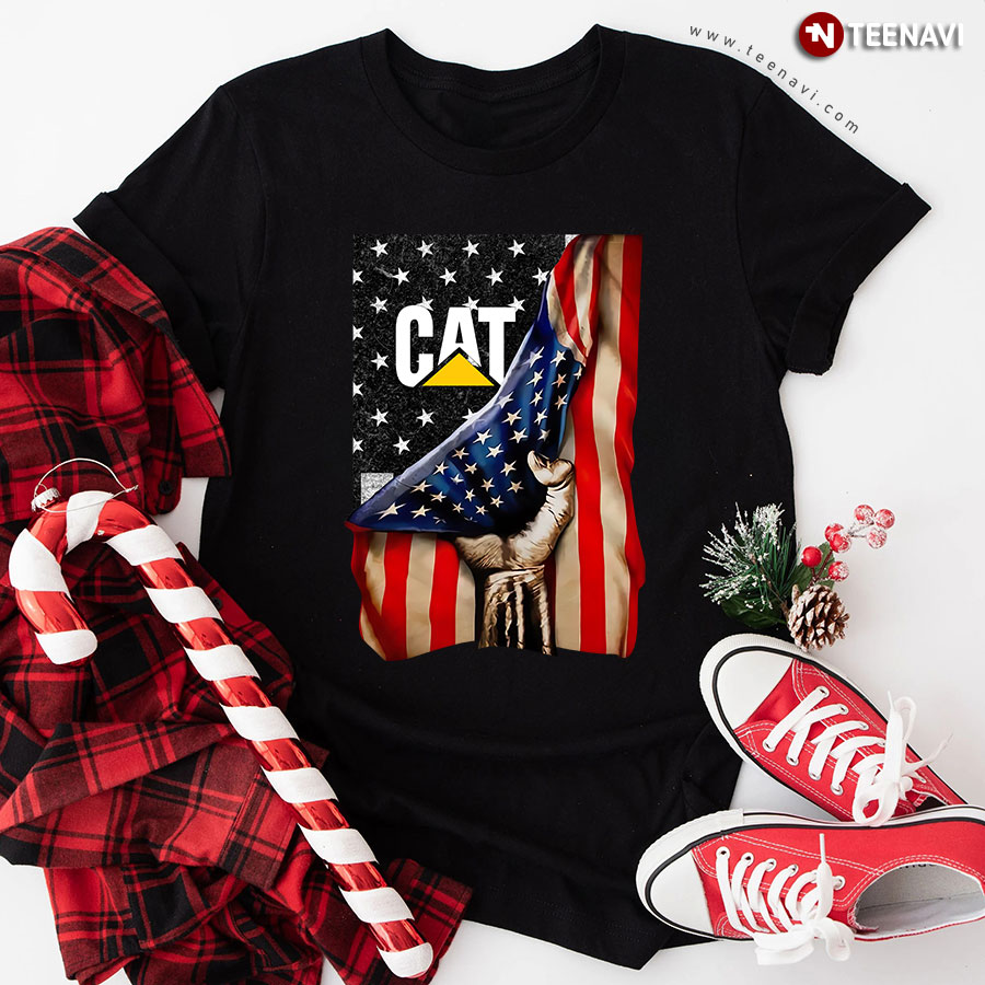 Caterpillar Behind American Flag T-Shirt