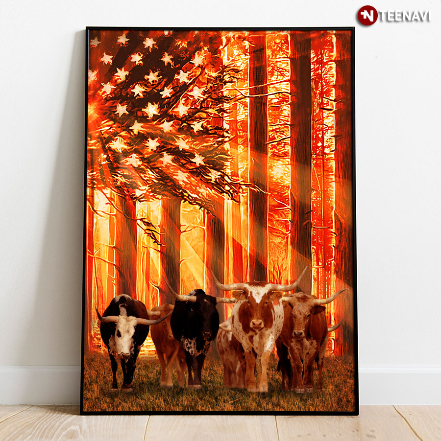 Cows With Horns In The Forest & American Flag Poster