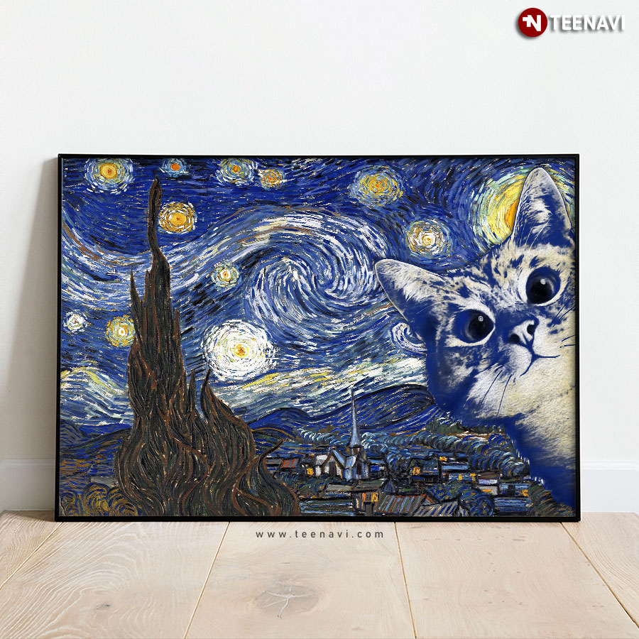 Cute Cat With Big Eyes In The Starry Night Vincent Van Gogh Poster
