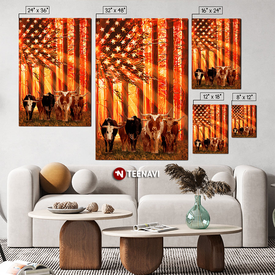Cows With Horns In The Forest & American Flag Poster