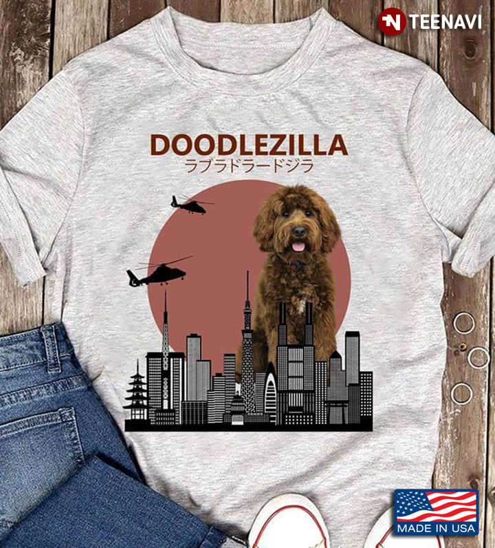 DooDlezilla Sun With Goldendoodle Helicopters And Tall Building
