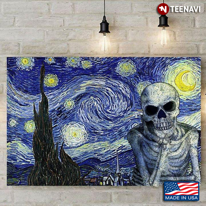 Funny Skeleton Resting His Chin On His Hand In The Starry Night Vincent Van Gogh