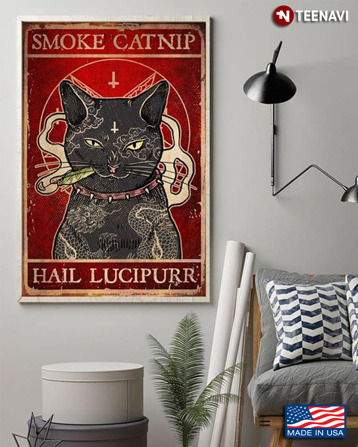 Vintage Smoking Black Cat With Tattoos Smoke Catnip Hail Lucipurr
