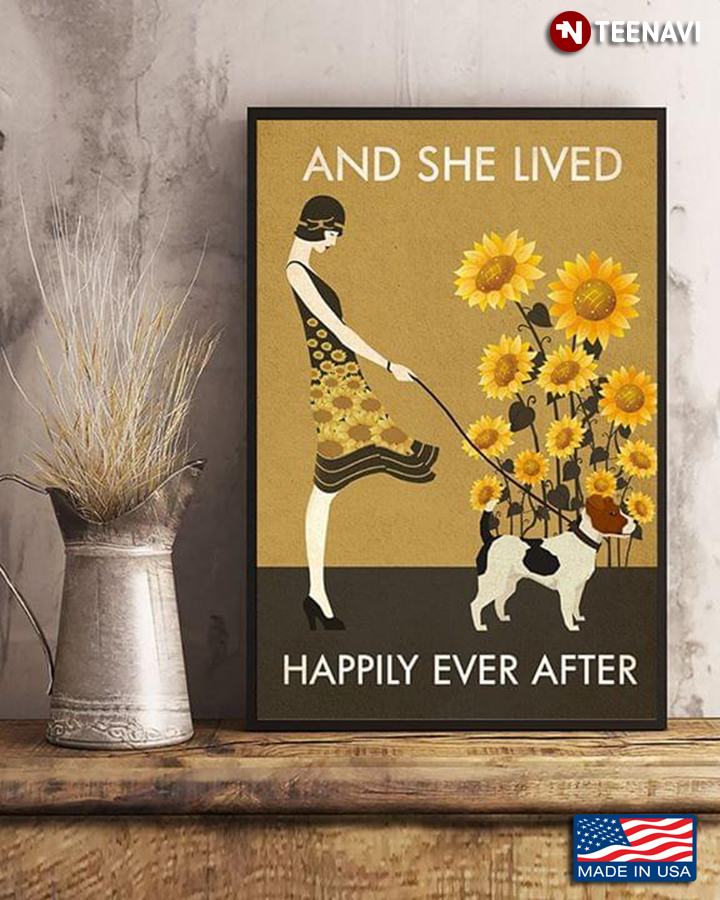 Vintage Girl With Russell Terrier & Sunflowers And She Lived Happily Ever After