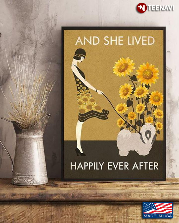 Vintage Girl With Shih Tzu & Sunflowers And She Lived Happily Ever After