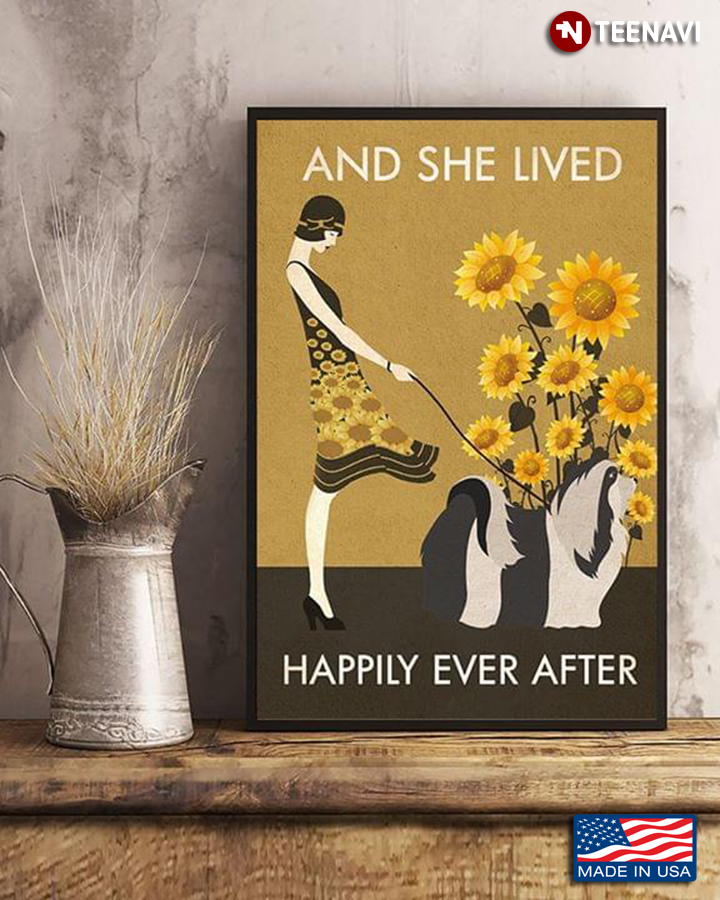 Vintage Girl With Bearded Collie & Sunflowers And She Lived Happily Ever After