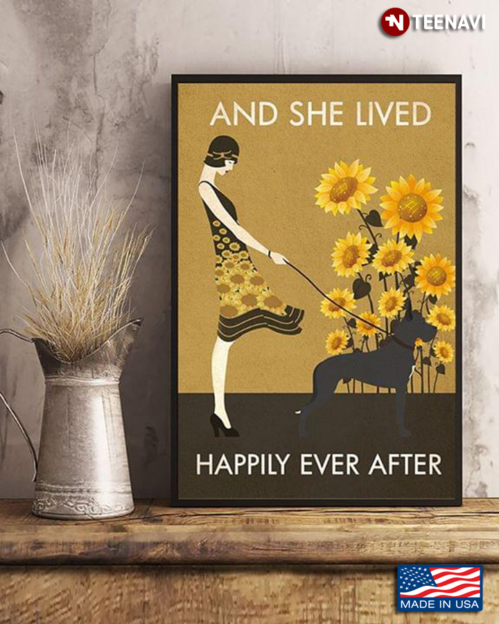 Vintage Girl With Dobermann & Sunflowers And She Lived Happily Ever After