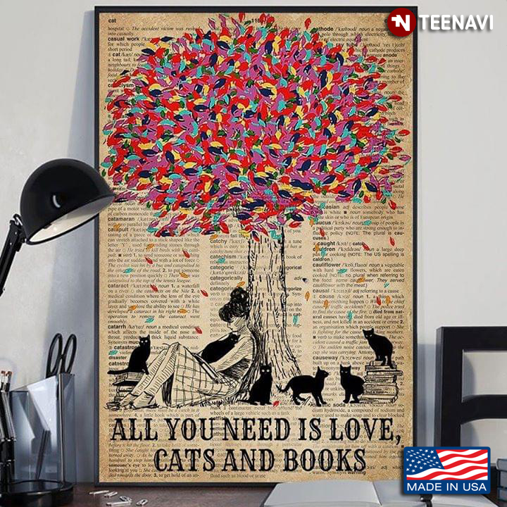 Newspaper Theme Girl Leaning Against Tree All You Need Is Love, Cats And Books