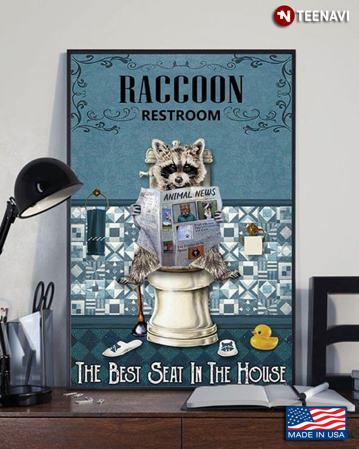 Vintage Raccoon On Toilet Seat Reading Newspaper Animal News Raccoon RestroomThe Best Seat In The House