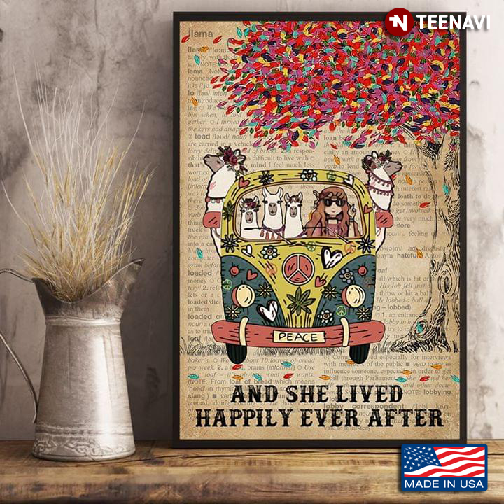 Dictionary Theme Colourful Tree Vintage Girl With Llamas In Hippie Bus And She Lived Happily Ever After