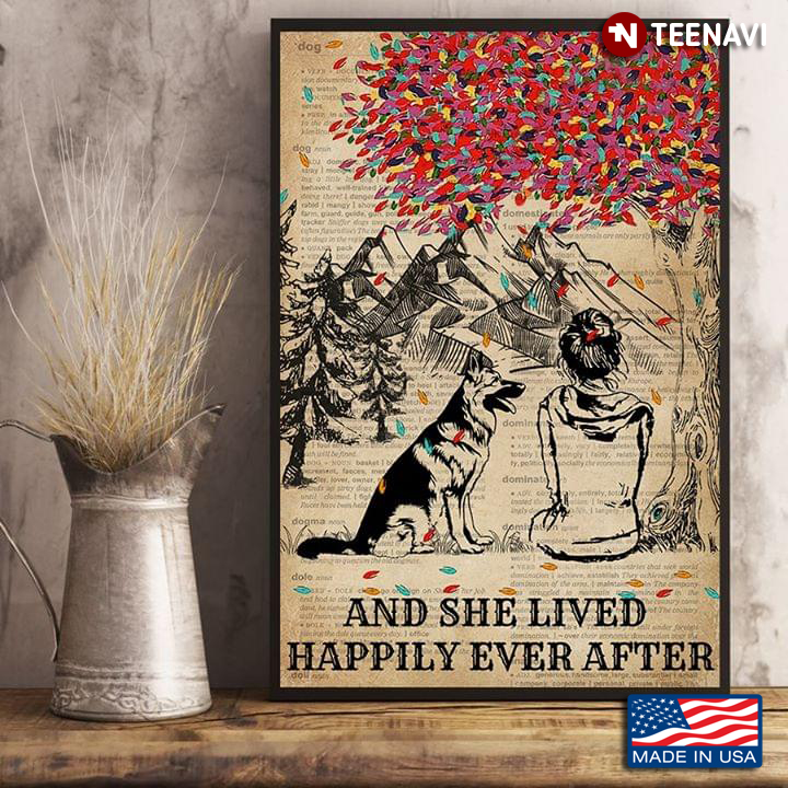 Dictionary Theme With Colourful Tree Vintage Girl With German Shepherd And She Lived Happily Ever After