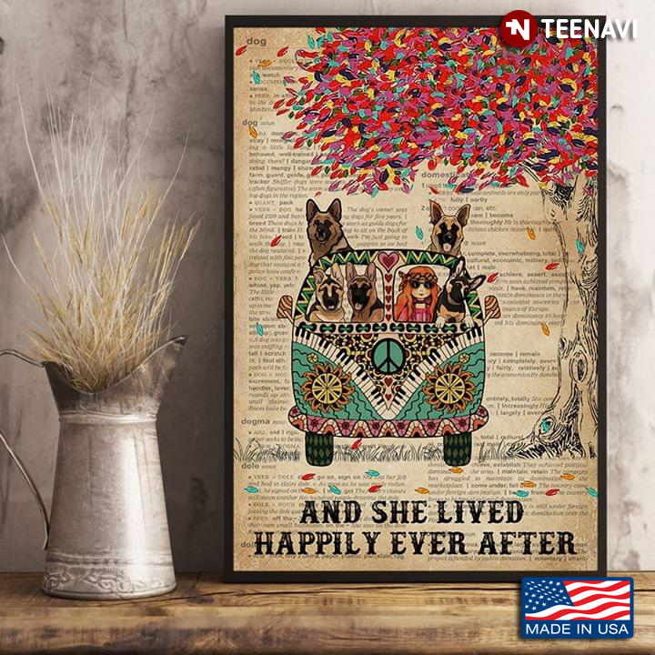 Dictionary Theme Colourful Tree Girl With German Shepherds In Hippie Bus And She Lived Happily Ever After
