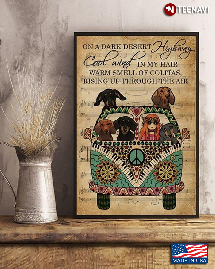 Sheet Music Theme Vintage Girl With Dachshunds In Hippie Bus On A Dark Desert Highway