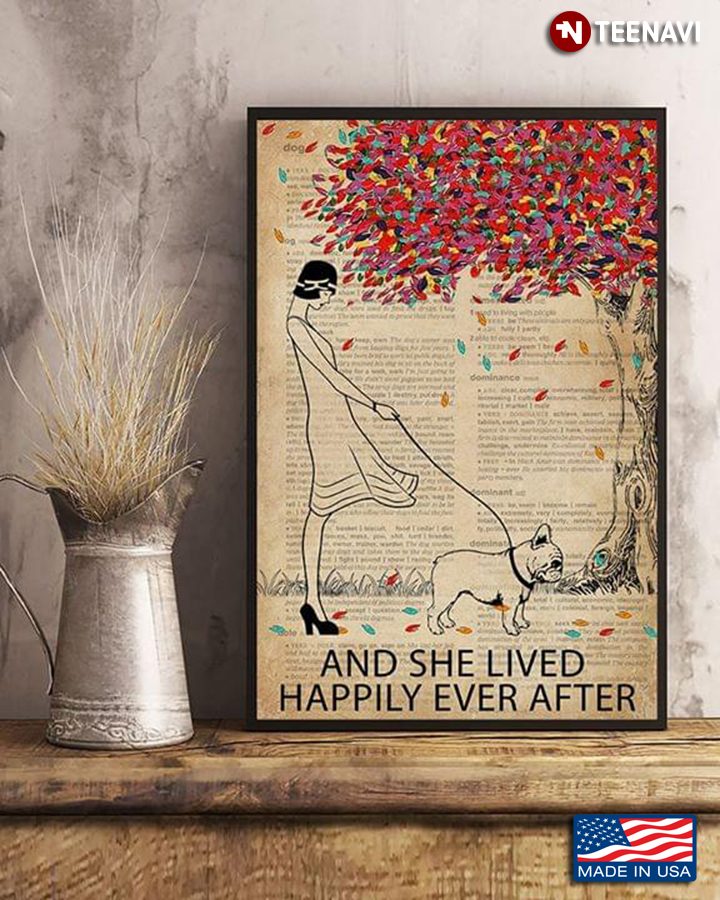 Dictionary Theme & Colourful Tree Vintage Girl With French Bulldog And She Lived Happily Ever After