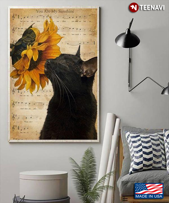 Sheet Music Theme Adorable Black Cat Smelling A Sunflower You Are My Sunshine