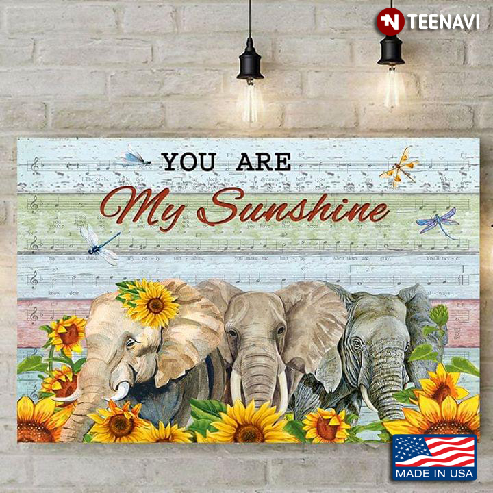 Sheet Music Theme Cute Elephants With Sunflowers & Dragonflies You Are My Sunshine