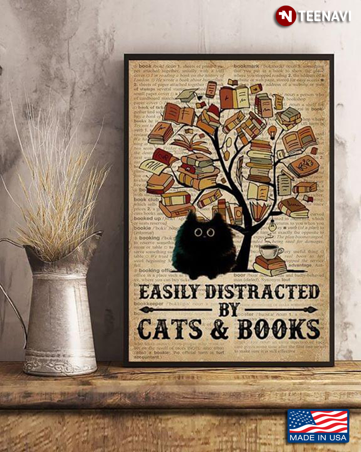 Dictionary Theme Fluffy Black Cat & Tree With Books Easily Distracted By Cats & Books