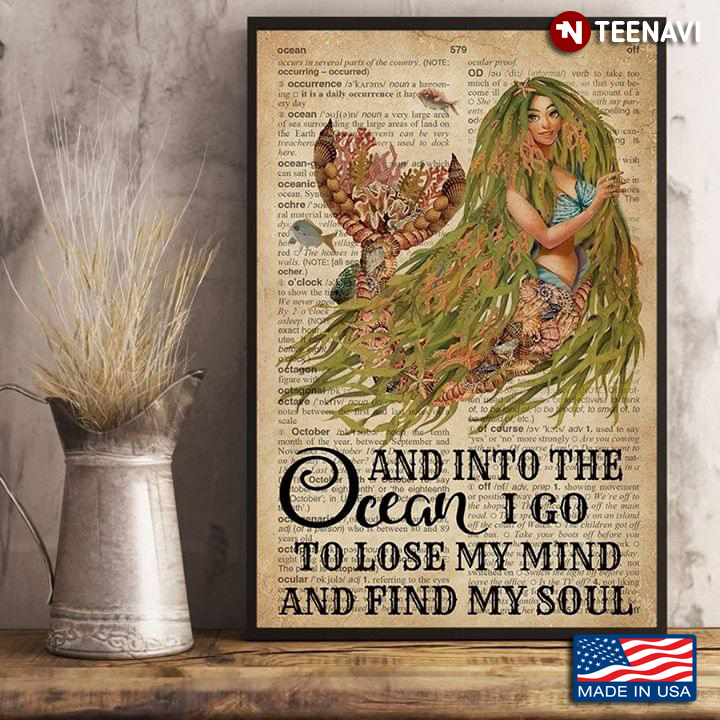 Dictionary Theme Mermaid With Seaweed Hair & Ocean Animals And Into The Ocean I Go To Lose My Mind
