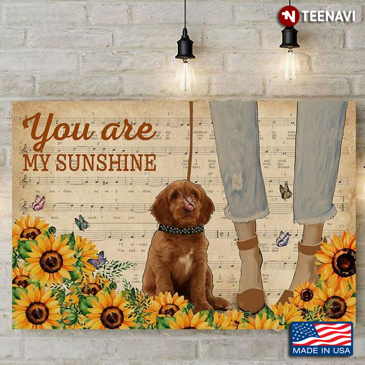 Sheet Music Theme Vintage Girl With Labradoodle, Sunflowers And Butterflies You Are My Sunshine