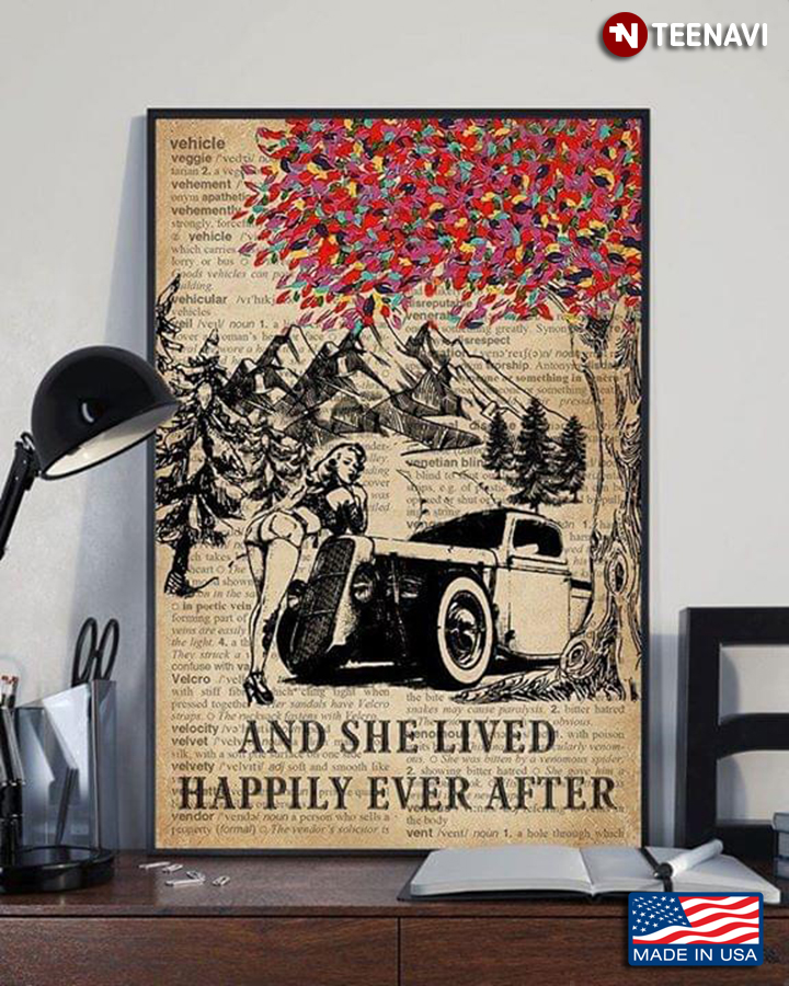 Dictionary Theme Colourful Tree Vintage Girl And Hot Rod And She Lived Happily Ever After
