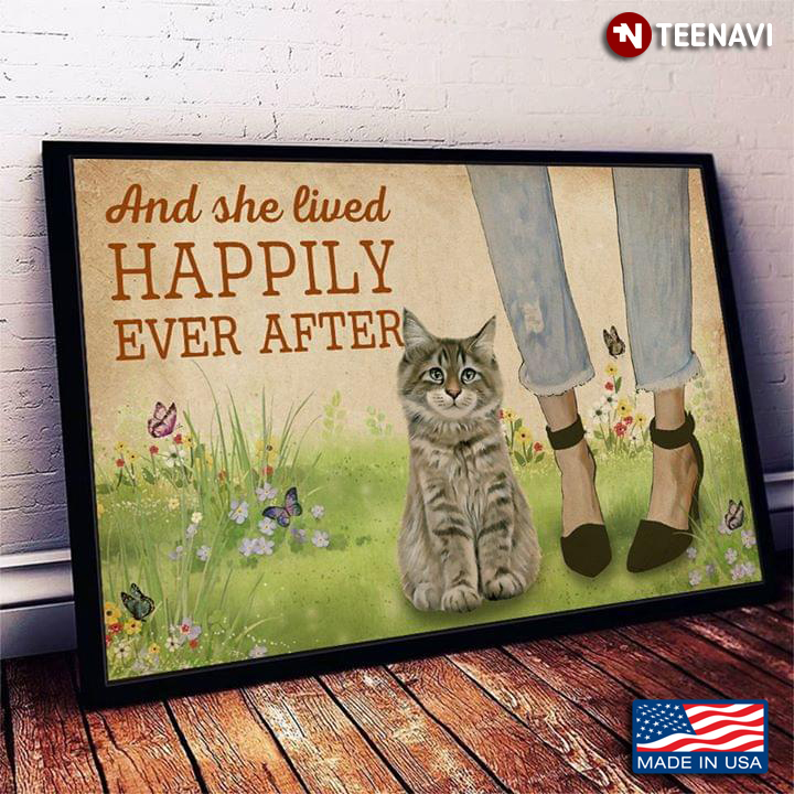 Vintage Girl With High Heels, Butterflies And American Wirehair Cat And She Lived Happily Ever After