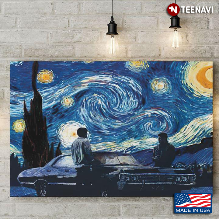 Two Men Standing By Car In The Starry Night Vincent Van Gogh
