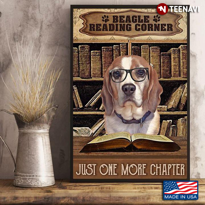 Vintage Beagle Wearing Glasses & Reading Book Beagle Reading Corner Just One More Chapter