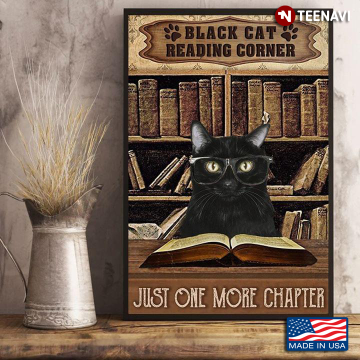 Vintage Black Cat Wearing Glasses & Reading Book Black Cat Reading Corner Just One More Chapter