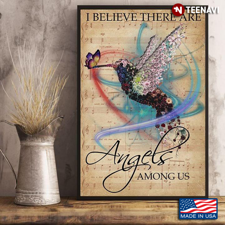 Sheet Music Theme Floral Hummingbird & Butterfly I Believe There Are Angels Among Us