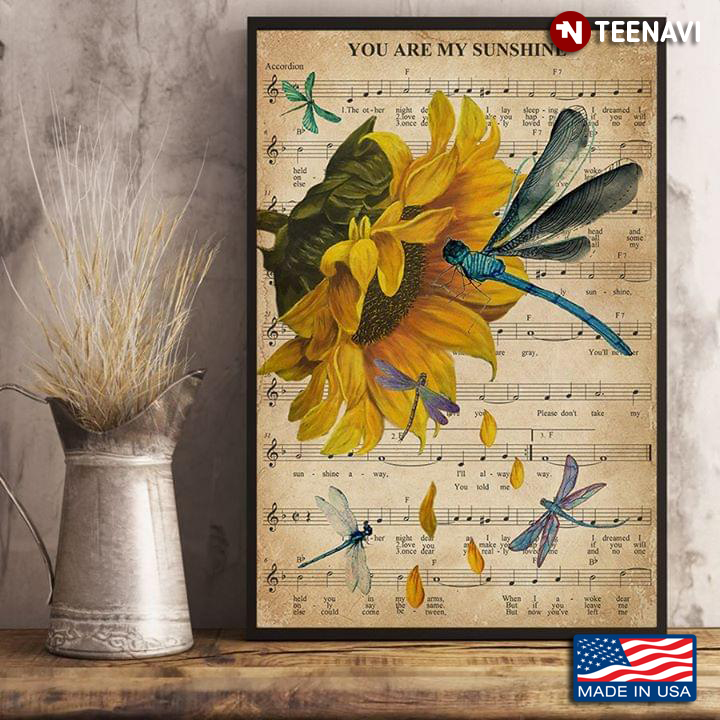 Sheet Music Theme Dragonflies & Sunflower You Are My Sunshine