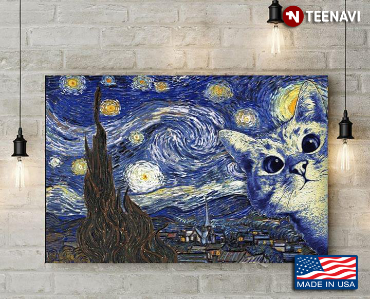 Cute Cat With Big Eyes In The Starry Night Vincent Van Gogh