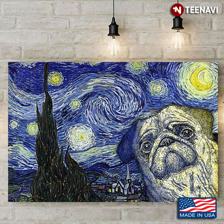 White Pug Puppy In The Starry Night Vincent Van Gogh