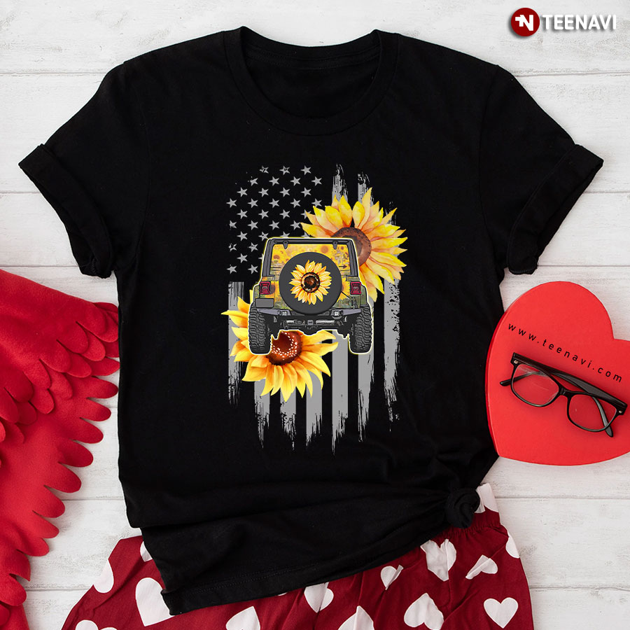 Sunflower Jeep Girl American Flag T-Shirt - Women's Tee