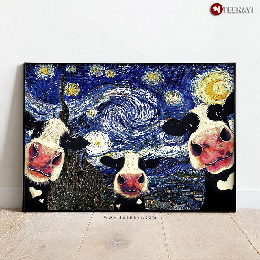 Three Little Black & White Cows In The Starry Night Vincent Van Gogh Poster