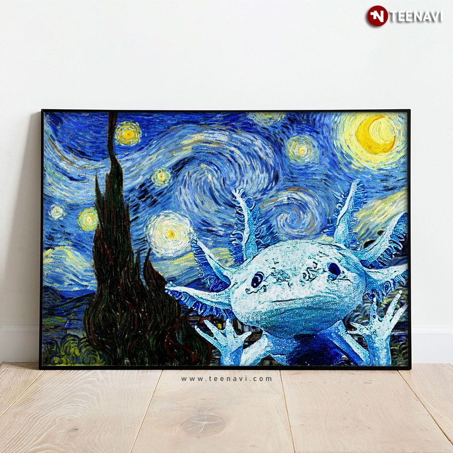 Cute Axolotl In The Starry Night Vincent Van Gogh Poster