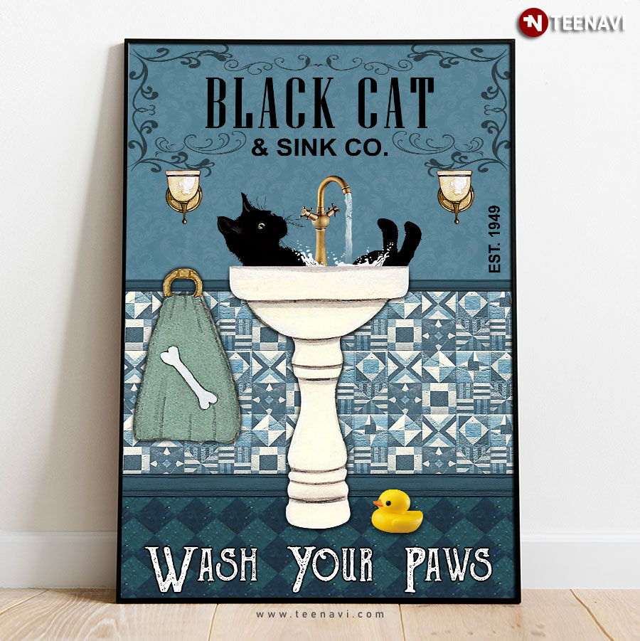 Vintage Little Duck & Black Cat & Sink Co. Est.1949 Wash Your Paws Poster