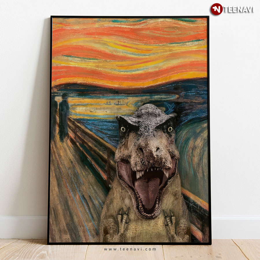 The Scream By Edvard Munch Parody With Screaming Dinosaur Poster
