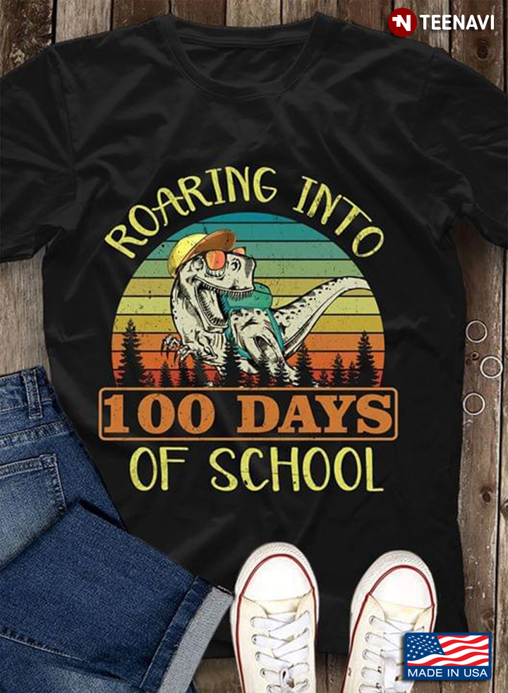 Dinosaur Roaring Into 100 Days Of School Vintage