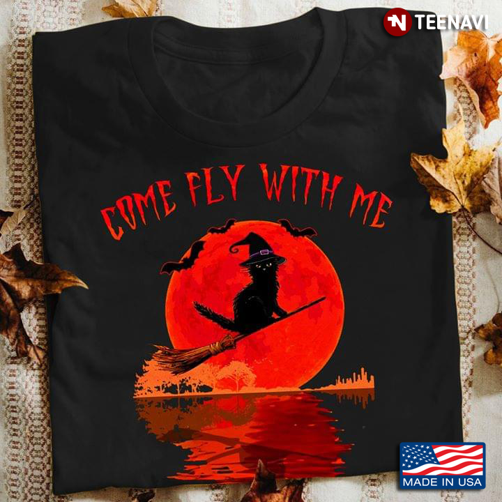 Cat Riding Broom Come Fly With Me Guitar Lake Shadow Halloween