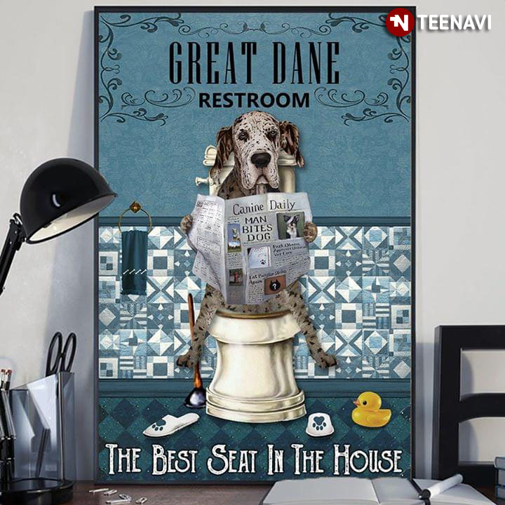 Vintage Great Dane On Toilet Seat Reading Newspaper Canine Daily Great Dane RestroomThe Best Seat In The House