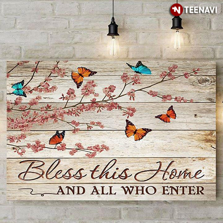 Butterflies Flying Around Cherry Blossom Flowers Bless This Home And All Who Enter