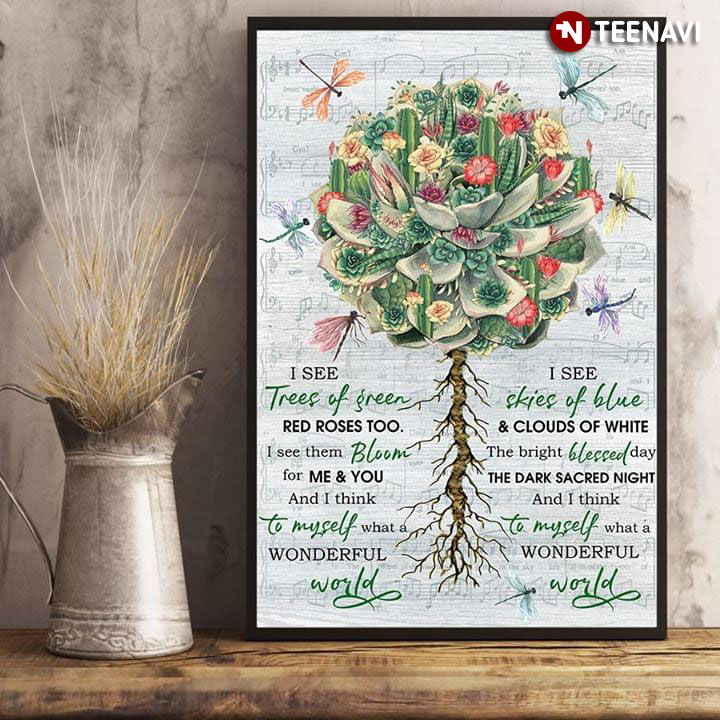 Sheet Music Theme Dragonflies & Giant Succulent I See Trees Of Green, Red Roses Too