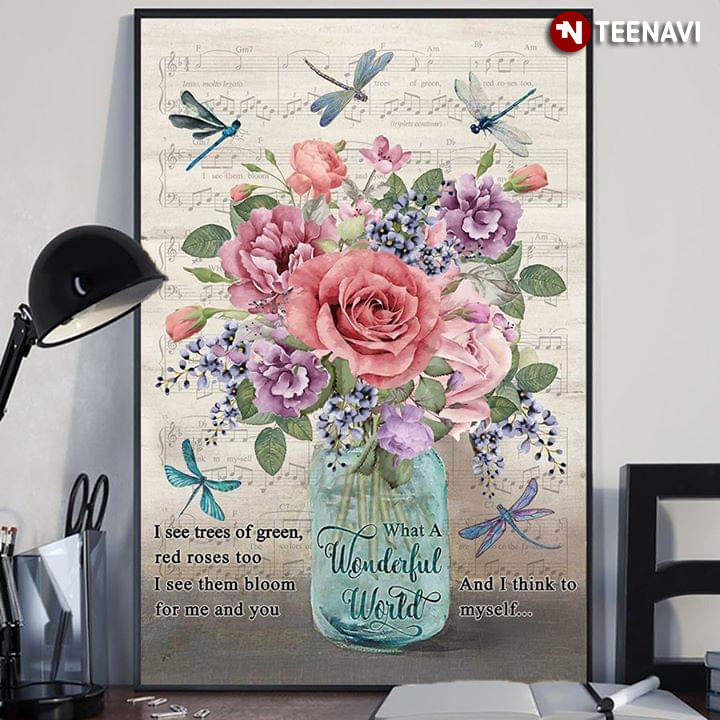 Sheet Music Theme Dragonflies & Flowers In Mason Jar I See Trees Of Green, Red Roses Too
